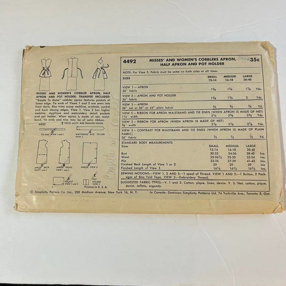 Simplicity Vintage 1950's Pattern #4492 Cobblers Apron Half Apron Pot Holder - Picture 6 of 6